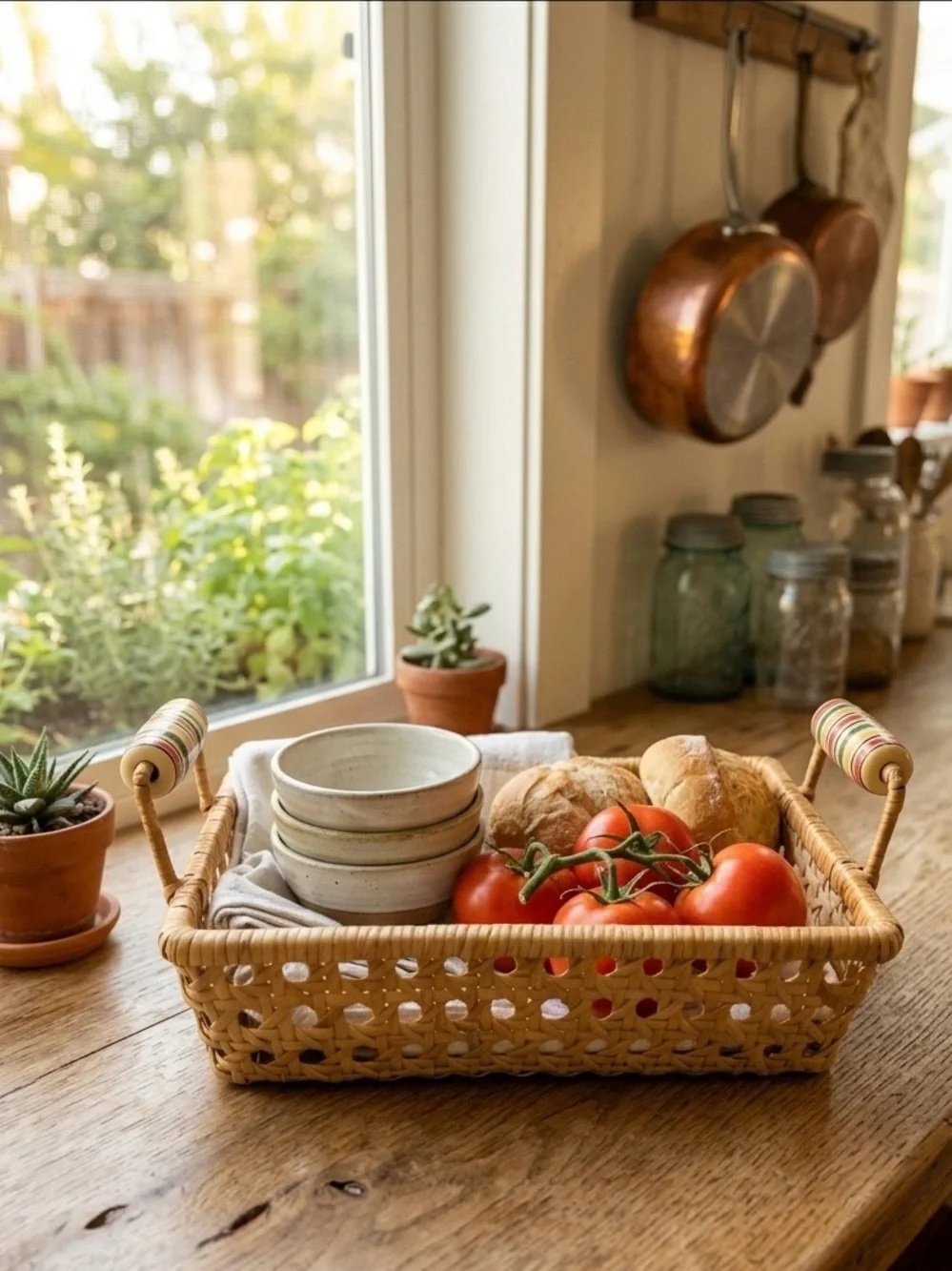 Vintage Woven Cane Serving Basket with Ceramic Handles